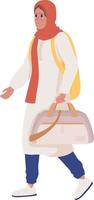 Female asylum-seeker with baggage and backpack semi flat color vector character