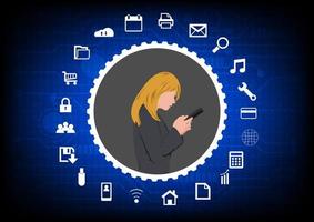 Business woman using smartphone for connection by technology, concept Anytime Anywhere connection to Global network vector illustration