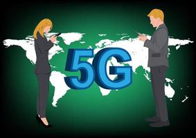 Business woman and man standing and using smartphone for connection by technology, concept Anytime Anywhere connection to Global network vector illustration