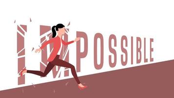 mujer rompiendo la palabra imposible. ilustración de carácter motivacional, ilustración de vector de carácter de negocio de inicio.