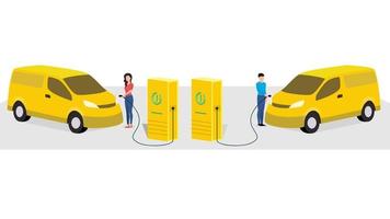 man and woman charging delivery van at electric vehicle charging station, vehicle at EV charge Point, business character vector illustration on white background.