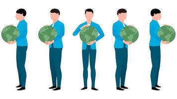 Man holding globe in hand, character vector drawn from multiple angles.