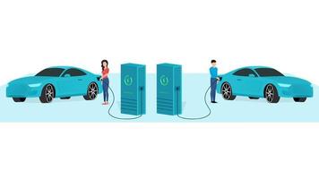 man and woman charging muscle sedan car at electric vehicle charging station, vehicle at EV charge Point, business character vector illustration on white background.