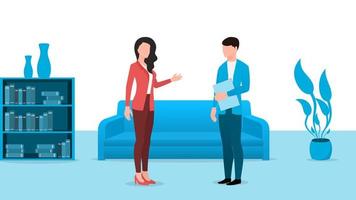 Man and woman talking on office background, Business character vector illustration on white background.