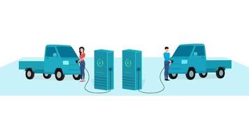 man and woman charging delivery tempo at electric vehicle charging station, vehicle at EV charge Point, business character vector illustration on white background.