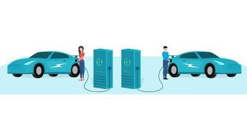 man and woman charging sports car at electric vehicle charging station, vehicle at EV charge Point, business character vector illustration on white background.