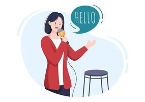 Stand Up Comedy Show Theater Scene with Red Curtains and Open Microphone to Comedian Performing on Stage in Flat Style Cartoon Illustration vector