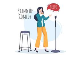 Stand Up Comedy Show Theater Scene with Red Curtains and Open Microphone to Comedian Performing on Stage in Flat Style Cartoon Illustration vector