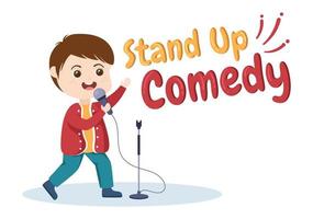 Stand Up Comedy Show Theater Scene with Red Curtains and Open Microphone to Comedian Performing on Stage in Flat Style Cartoon Illustration