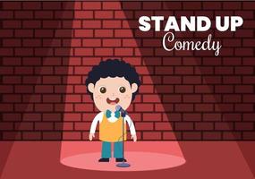 Stand Up Comedy Show Theater Scene with Red Curtains and Open Microphone to Comedian Performing on Stage in Flat Style Cartoon Illustration vector