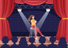 espectáculo de comedia stand up escena teatral con cortinas rojas y micrófono abierto para comediante actuando en el escenario en ilustración de dibujos animados de estilo plano vector