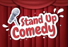 espectáculo de comedia stand up escena teatral con cortinas rojas y micrófono abierto para comediante actuando en el escenario en ilustración de dibujos animados de estilo plano vector