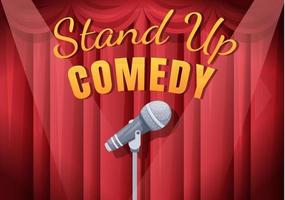 Stand Up Comedy Show Theater Scene with Red Curtains and Open Microphone to Comedian Performing on Stage in Flat Style Cartoon Illustration vector