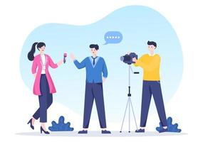 periodismo o transmisión social con equipos, noticias, micrófonos, reporteros y entrevistas en eventos de medios de comunicación en ilustración de dibujos animados de estilo plano vector
