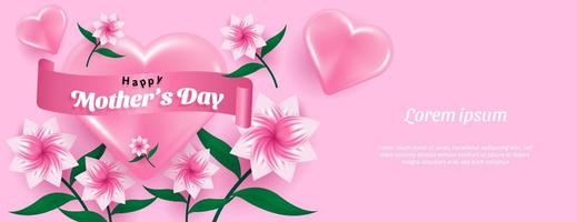 realistic mother's day banner background in pink color with heart and flower. vector illustration