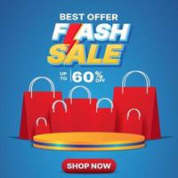 3d Flash sale banner design template with podium and shopping bag vector