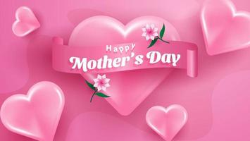 realistic mother's day background in pink color with heart and flower. vector illustration