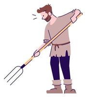 Peasant farmer with pitchfork semi flat RGB color vector illustration. Posing figure. Live action role playing game. Medieval period person isolated cartoon character on white background