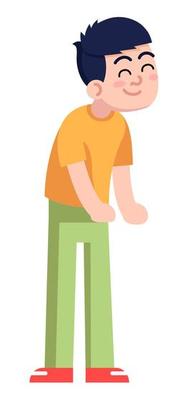 Pleased little boy semi flat RGB color vector illustration. Standing figure. Nice child. Happy childhood. Smiling kid wearing home outfit isolated cartoon character on white background