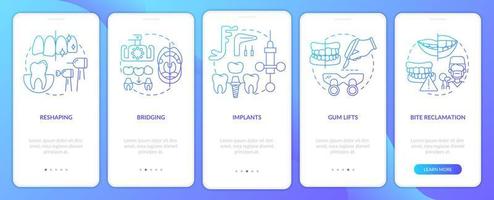 Esthetic dentistry procedures blue gradient onboarding mobile app screen. Walkthrough 5 steps graphic instructions pages with linear concepts. UI, UX, GUI template. Myriad Pro-Bold, Regular fonts used vector