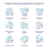 Power purchase agreement blue gradient concept icons set. Electricity selling. Business relationship idea thin line color illustrations. Isolated symbols. Roboto-Medium, Myriad Pro-Bold fonts used vector