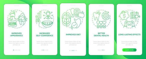 Tooth enhancement benefits green gradient onboarding mobile app screen. Walkthrough 5 steps graphic instructions pages with linear concepts. UI, UX, GUI template. Myriad Pro-Bold, Regular fonts used vector