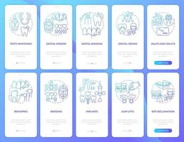 conjunto de pantalla de aplicación móvil de incorporación de gradiente azul de clínica dental. tutorial de implantes páginas de instrucciones gráficas de 5 pasos con conceptos lineales. interfaz de usuario, ux, plantilla de interfaz gráfica de usuario. innumerables fuentes pro-negrita y regulares utilizadas vector