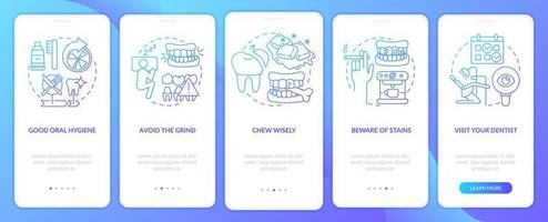 Veneers maintenance blue gradient onboarding mobile app screen. Walkthrough 5 steps graphic instructions pages with linear concepts. UI, UX, GUI template. Myriad Pro-Bold, Regular fonts used vector