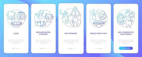 Gum disease treatment blue gradient onboarding mobile app screen. Walkthrough 5 steps graphic instructions pages with linear concepts. UI, UX, GUI template. Myriad Pro-Bold, Regular fonts used vector