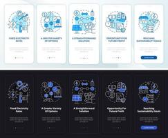 Pros of PPA night and day mode onboarding mobile app screen. Benefits walkthrough 5 steps graphic instructions pages with linear concepts. UI, UX, GUI template. Myriad Pro-Bold, Regular fonts used vector