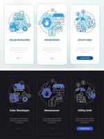 PPA deal night and day mode onboarding mobile app screen. Walkthrough 3 steps graphic instructions pages with linear concepts. UI, UX, GUI template. Myriad Pro-Bold, Regular fonts used vector