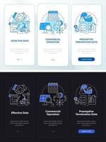 PPA contract timeline night and day mode onboarding mobile app screen. Walkthrough 3 steps graphic instructions pages with linear concepts. UI, UX, GUI template. Myriad Pro-Bold, Regular fonts used vector