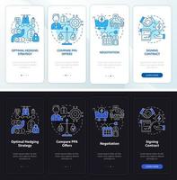 PPA work night and day mode onboarding mobile app screen. Electric power walkthrough 4 steps graphic instructions pages with linear concepts. UI, UX, GUI template. Myriad Pro-Bold, Regular fonts used vector