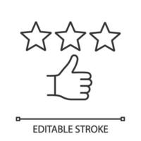 Rating linear icon. Customer excellent review. Thin line illustration. Feedback. Ranking. Client satisfaction. Stars and thumbs up gesture. Contour vector isolated outline drawing. Editable stroke