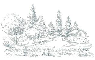 Landscape drawing sketch pencil art design vector
