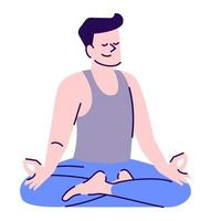 practicar yoga y meditación en casa ilustración de vector de color rgb semiplano. Manejo del estrés cotidiano. hombre relajado sentado en posición de loto personaje de dibujos animados aislado sobre fondo blanco