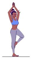 Performing vrikshasana pose semi flat RGB color vector illustration. Smiling figure. Everyday stress management. Woman standing in tree pose isolated cartoon character on white background