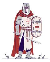 Threatening templar knight semi flat RGB color vector illustration. Standing figure. Live action role playing game. Medieval period person isolated cartoon character on white background
