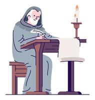 Monk copying manuscripts semi flat RGB color vector illustration. Monastic community. Live action role playing game. Medieval period person isolated cartoon character on white background