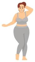 modelo femenino con curvas posando en ropa deportiva ilustración de vector de color rgb semi plano. auto-aceptación. persona que promueve el enfoque de positividad corporal personaje de dibujos animados aislado sobre fondo blanco