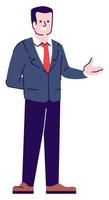 Friendly businessman pointing with open hand semi flat RGB color vector illustration. Standing figure. Man showing respectful behavior isolated cartoon character on white background