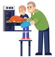 papá e hijo horneando pollo entero semi plano rgb color vector ilustración. figuras posando. persona que participa en la clase de cocina para niños en casa personajes de dibujos animados aislados sobre fondo blanco