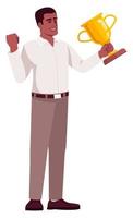 Happy office worker with trophy semi flat RGB color vector illustration. Standing figure. Person celebrating professional achievement isolated cartoon character on white background