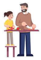 padre con hija cortando ingredientes para ensalada semi plana rgb color vector ilustración. papá organiza clases de cocina para niños en casa personajes de dibujos animados aislados sobre fondo blanco