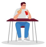 Man eating hot dog with carbonated drink semi flat RGB color vector illustration. Foodie lifestyle. Healthy appetite. Person eating out alone isolated cartoon character on white background