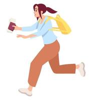 Missing departure flight risk semi flat RGB color vector illustration. Hurrying figure. Airport terminal visit. Girl running with airline ticket isolated cartoon character on white background