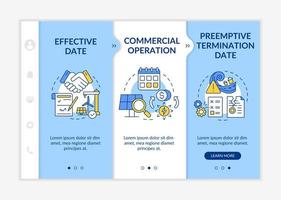 Contract timeline of PPA blue and white onboarding template. Agreement date. Responsive mobile website with linear concept icons. Web page walkthrough 3 step screens. Lato-Bold, Regular fonts used vector