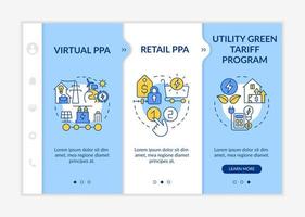 Types of PPA blue and white onboarding template. Contract terms definitions. Responsive mobile website with linear concept icons. Web page walkthrough 3 step screens. Lato-Bold, Regular fonts used vector