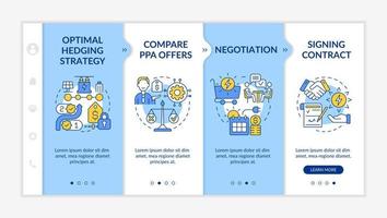 PPA work blue and white onboarding template. Electric energy sales. Responsive mobile website with linear concept icons. Web page walkthrough 4 step screens. Lato-Bold, Regular fonts used vector