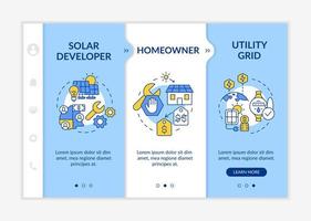 Power purchase agreements provide blue and white onboarding template. Responsive mobile website with linear concept icons. Web page walkthrough 3 step screens. Lato-Bold, Regular fonts used vector